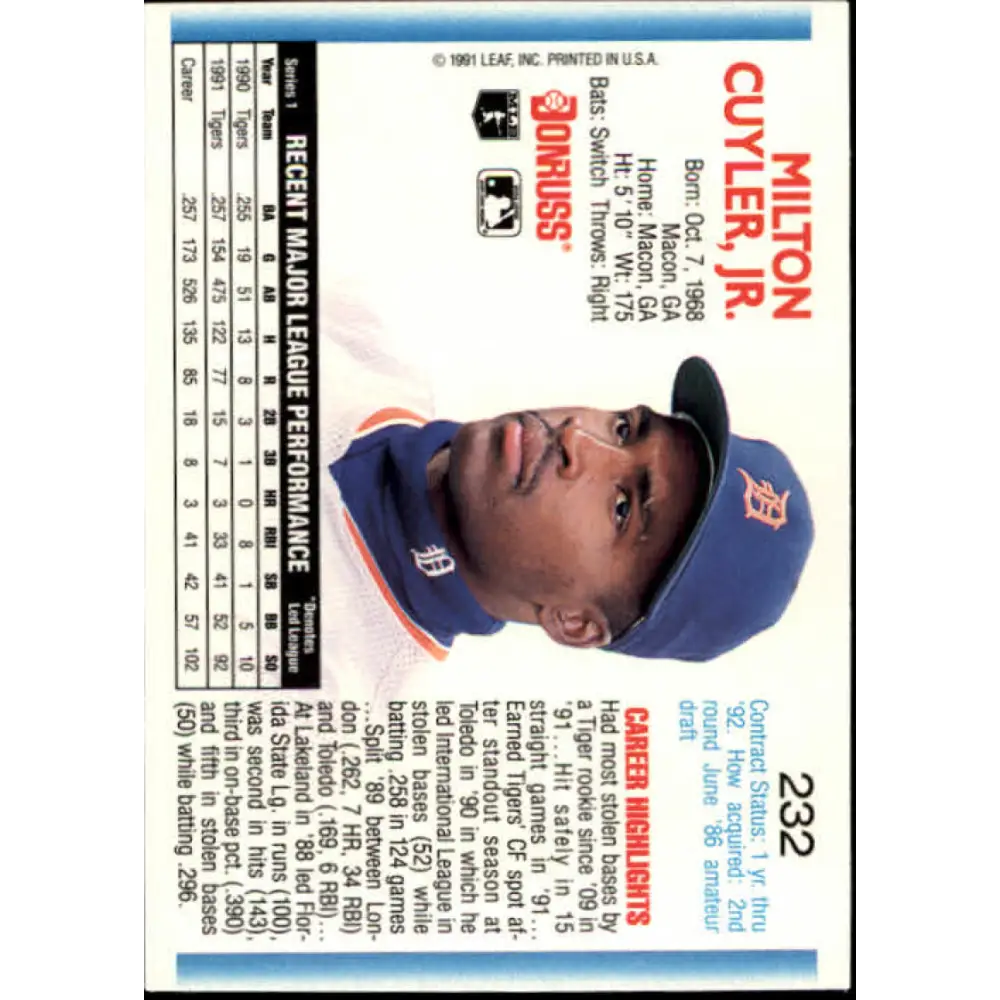 1992 Donruss #232 Milt Cuyler NM-MT Detroit Tigers Baseball Card Image 2