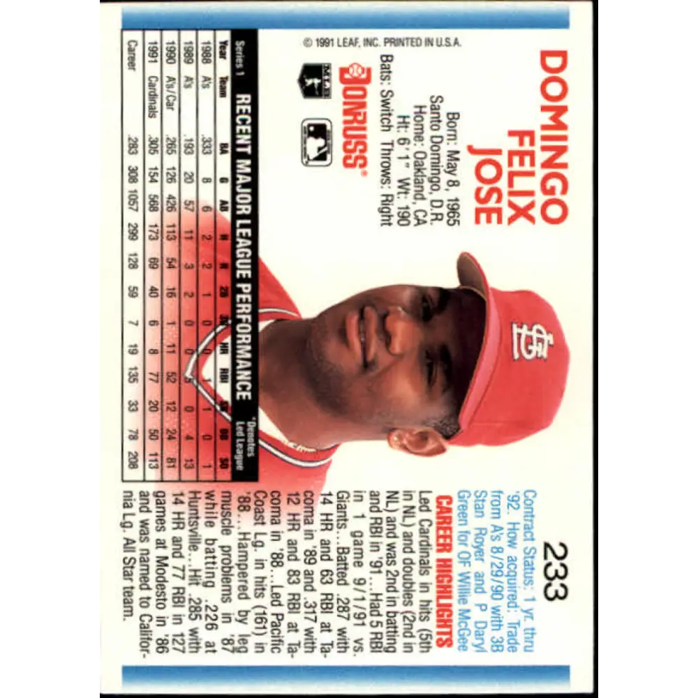1992 Donruss #233 Felix Jose NM-MT St. Louis Cardinals Baseball Card Image 2