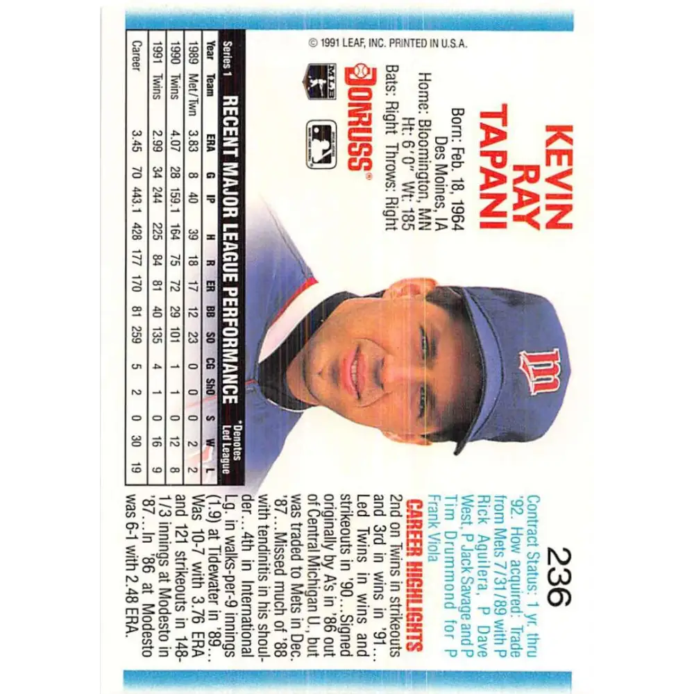 1992 Donruss #236 Kevin Tapani NM-MT Minnesota Twins Baseball Card Image 2