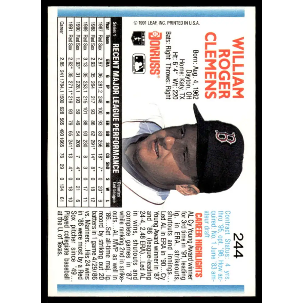 1992 Donruss #244 Roger Clemens EX/NM Boston Red Sox Baseball Card Image 2