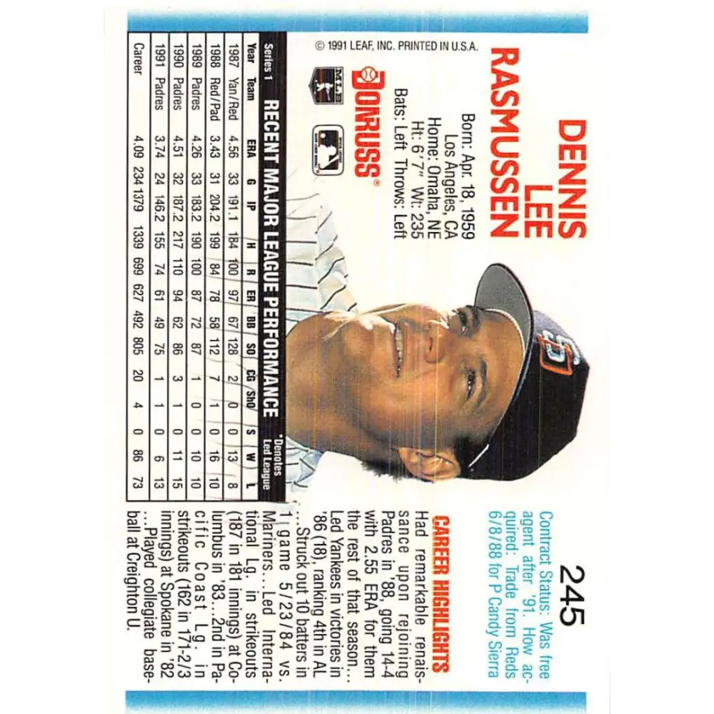 1992 Donruss #245 Dennis Rasmussen NM-MT San Diego Padres Baseball Card Image 2