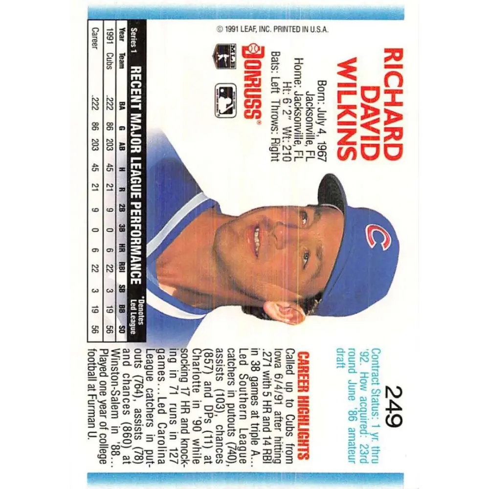1992 Donruss #249 Rick Wilkins NM-MT Chicago Cubs Baseball Card Image 2