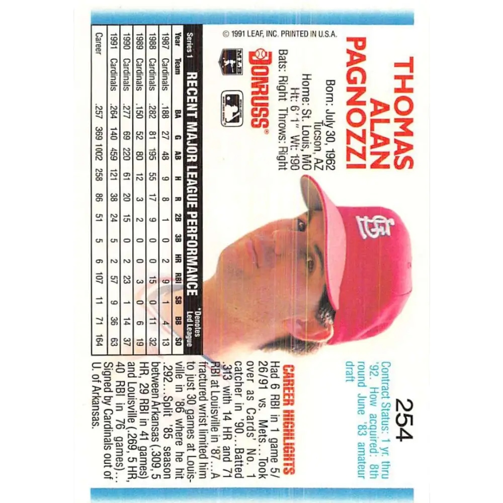 1992 Donruss #254 Tom Pagnozzi NM-MT St. Louis Cardinals Baseball Card Image 2