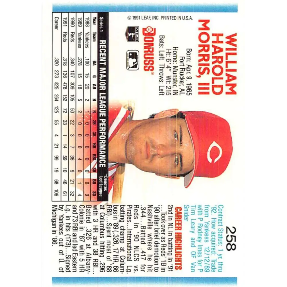 1992 Donruss #258 Hal Morris NM-MT Cincinnati Reds Baseball Card Image 2