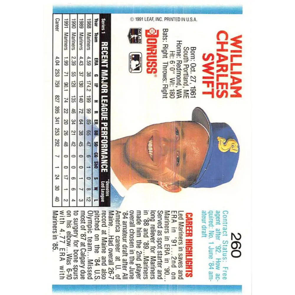 1992 Donruss #260 Bill Swift NM-MT Seattle Mariners Baseball Card Image 2