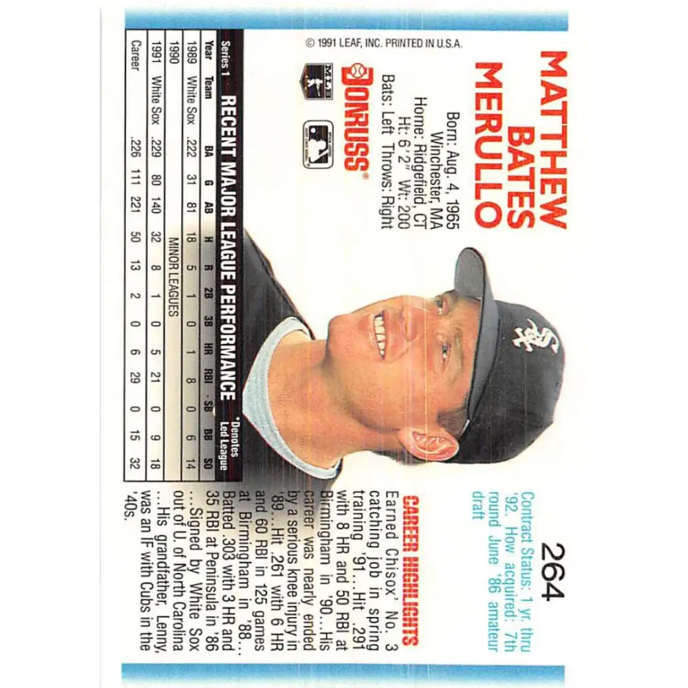 1992 Donruss #264 Matt Merullo NM-MT Chicago White Sox Baseball Card Image 2