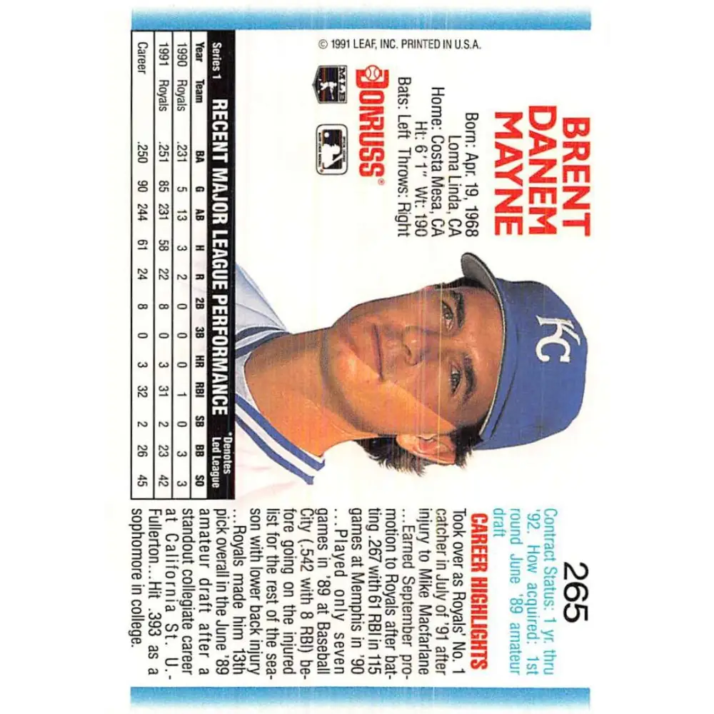 1992 Donruss #265 Brent Mayne NM-MT Kansas City Royals Baseball Card Image 2