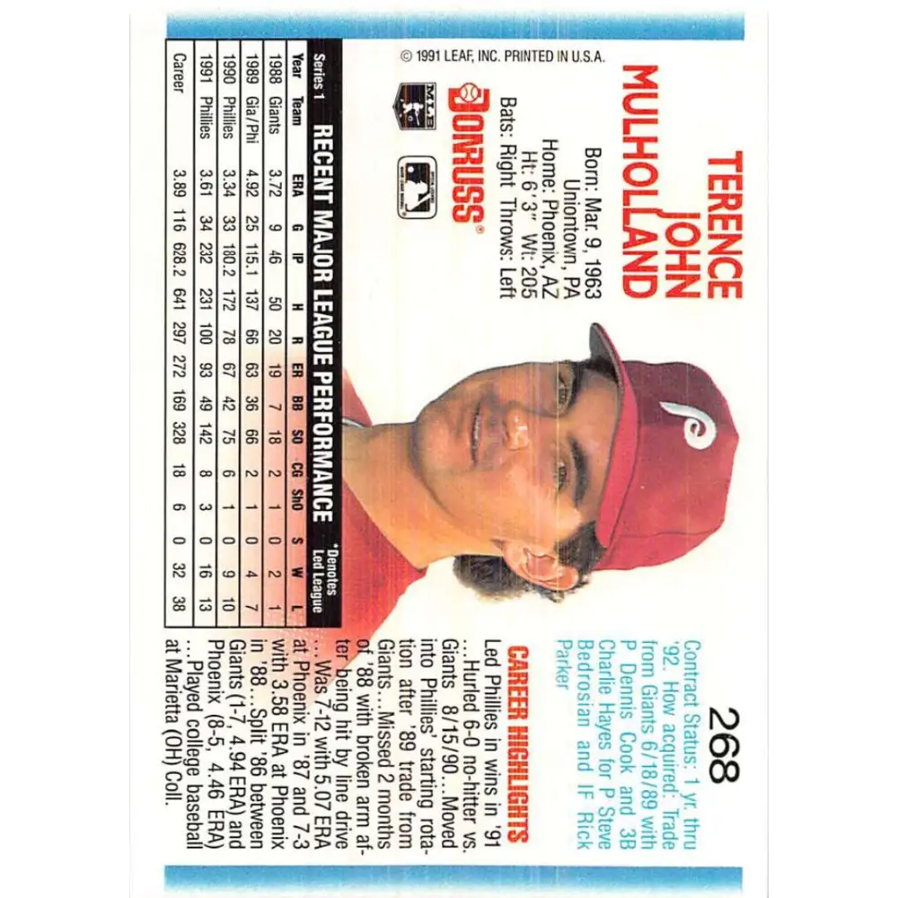 1992 Donruss #268 Terry Mulholland NM-MT Philadelphia Phillies Baseball Card Image 2