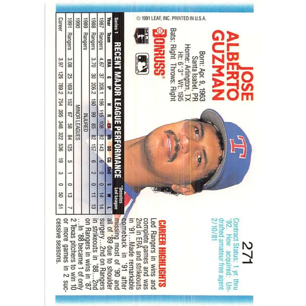 1992 Donruss #271 Jose Guzman NM-MT Texas Rangers Baseball Card Image 2
