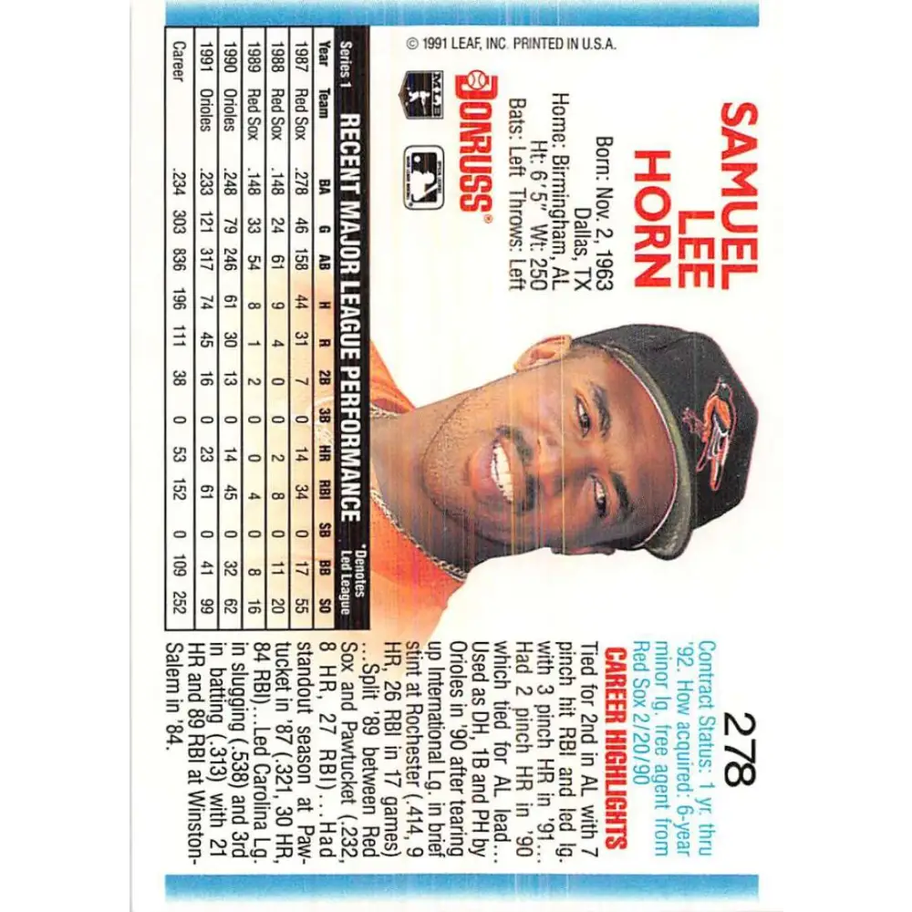 1992 Donruss #278 Sam Horn NM-MT Baltimore Orioles Baseball Card Image 2