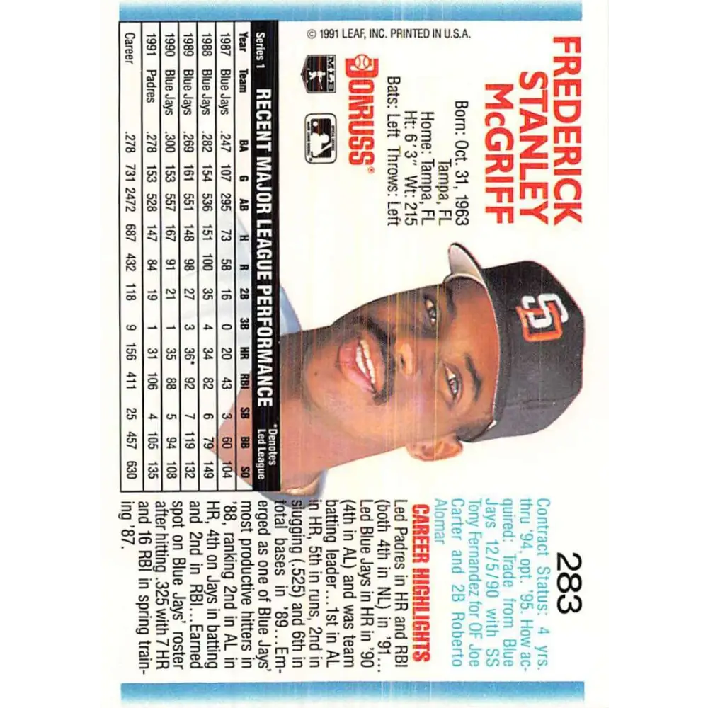 1992 Donruss #283 Fred McGriff NM-MT San Diego Padres Baseball Card Image 2