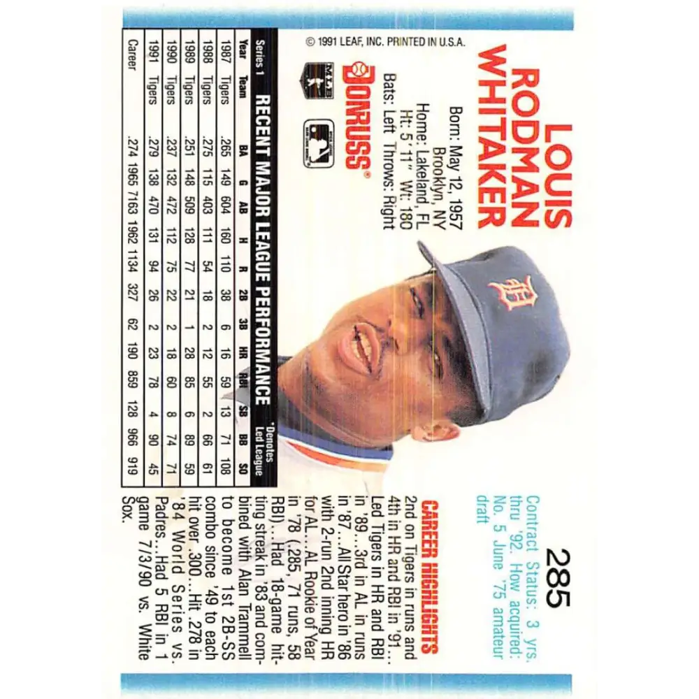 1992 Donruss #285 Lou Whitaker NM-MT Detroit Tigers Baseball Card Image 2