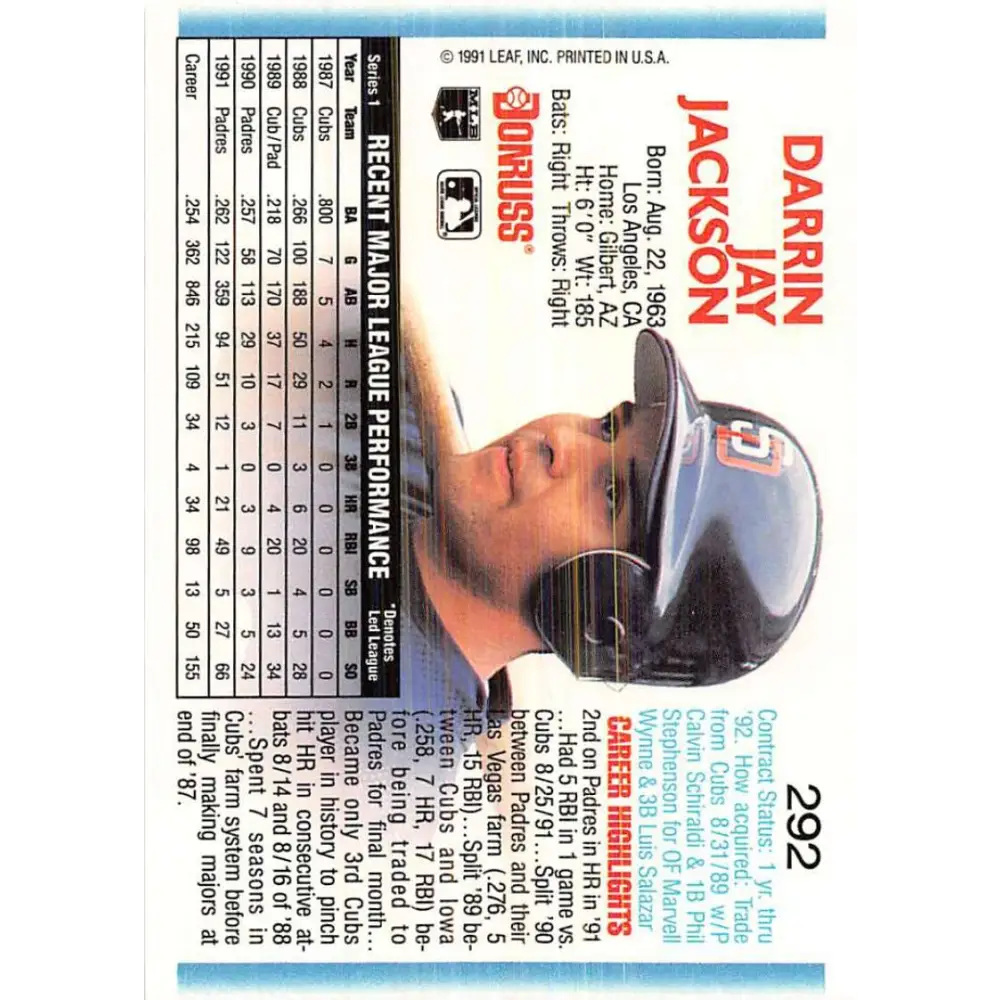 1992 Donruss #292 Darrin Jackson NM-MT San Diego Padres Baseball Card Image 2
