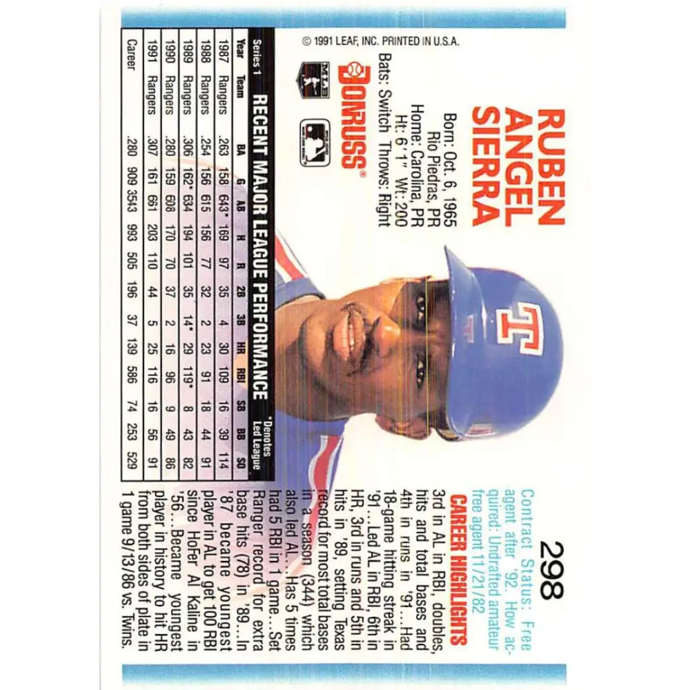 1992 Donruss #298 Ruben Sierra NM-MT Texas Rangers Baseball Card Image 2