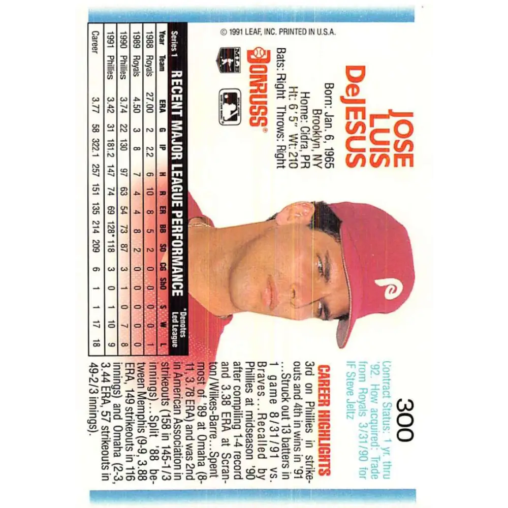 1992 Donruss #300 Jose DeJesus NM-MT Philadelphia Phillies Baseball Card Image 2