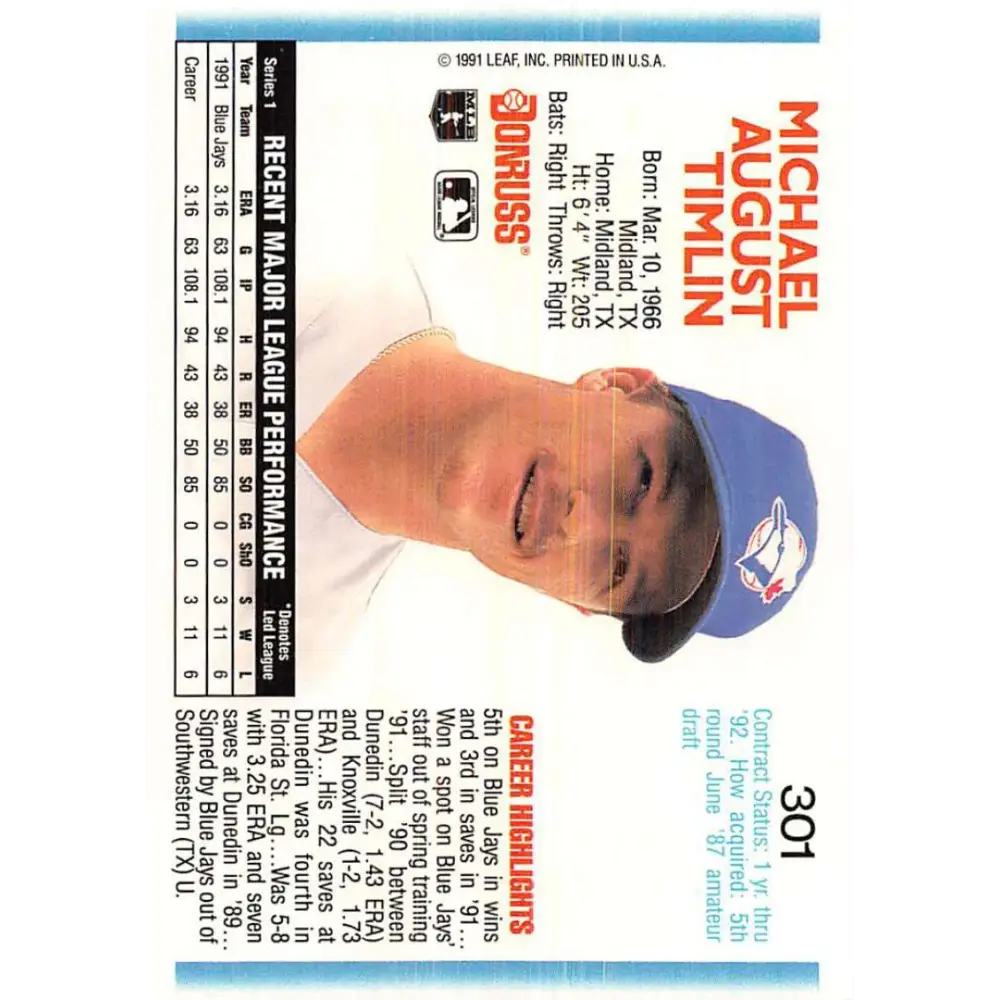 1992 Donruss #301 Mike Timlin NM-MT Toronto Blue Jays Baseball Card Image 2