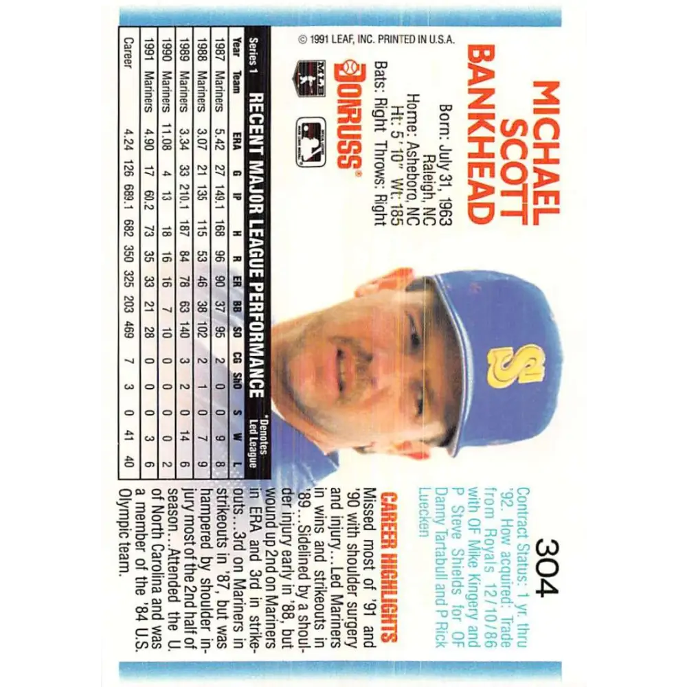 1992 Donruss #304 Scott Bankhead NM-MT Seattle Mariners Baseball Card Image 2