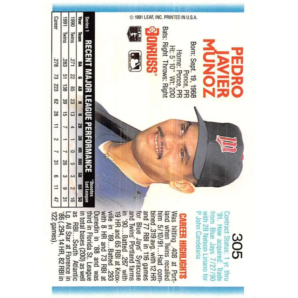 1992 Donruss #305 Pedro Munoz NM-MT Minnesota Twins Baseball Card Image 2