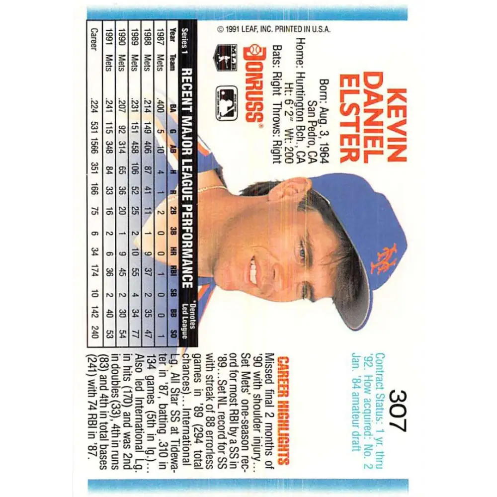 1992 Donruss #307 Kevin Elster NM-MT New York Mets Baseball Card Image 2