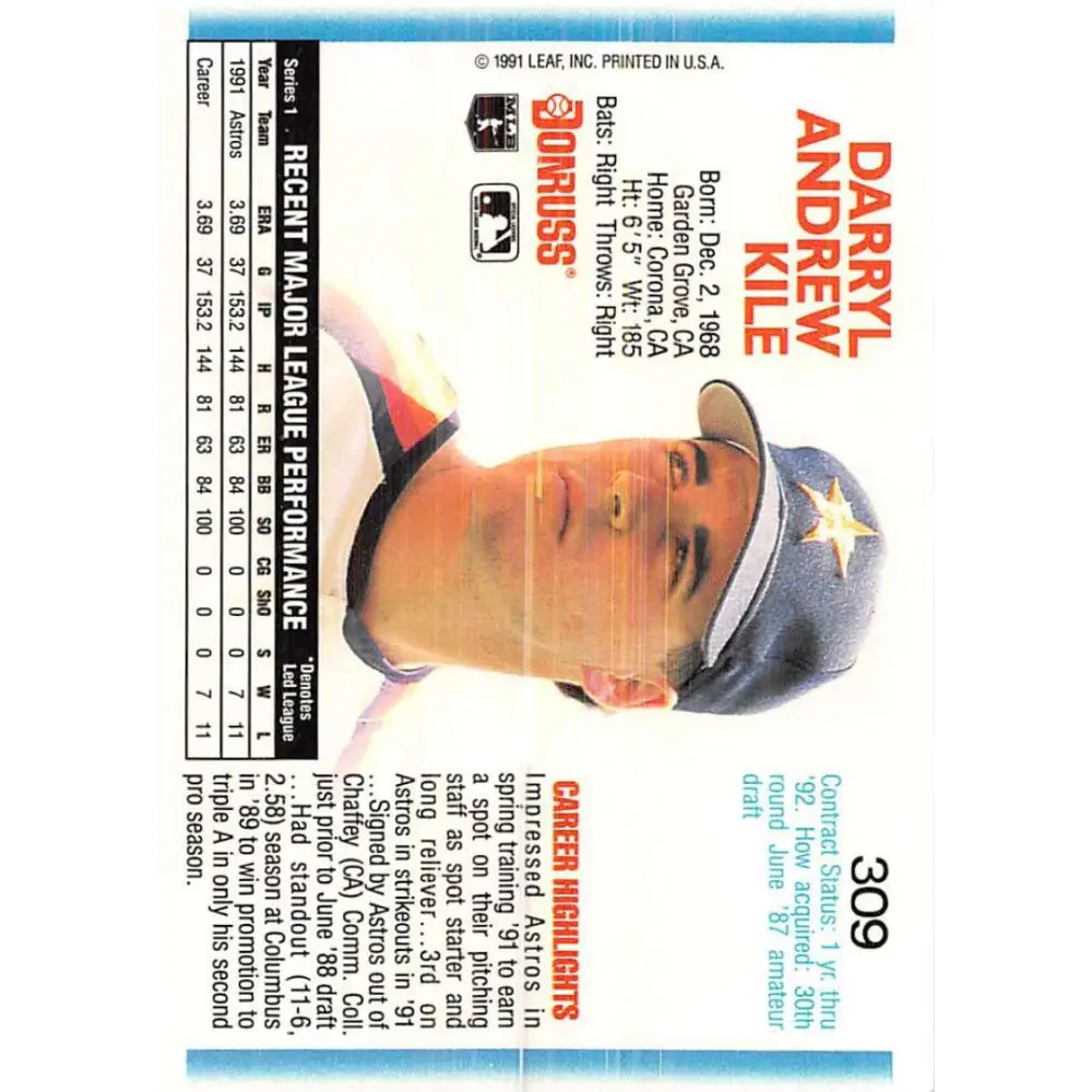 1992 Donruss #309 Darryl Kile NM-MT Houston Astros Baseball Card Image 2