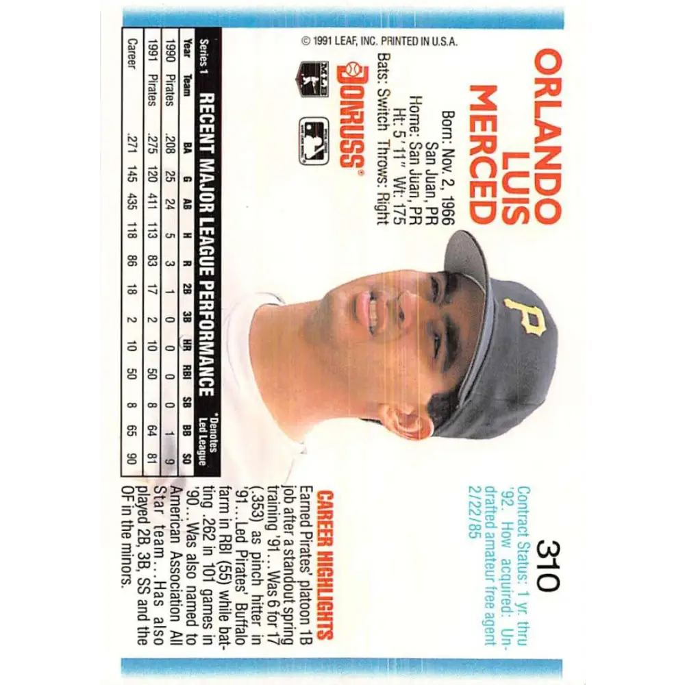 1992 Donruss #310 Orlando Merced NM-MT Pittsburgh Pirates Baseball Card Image 2