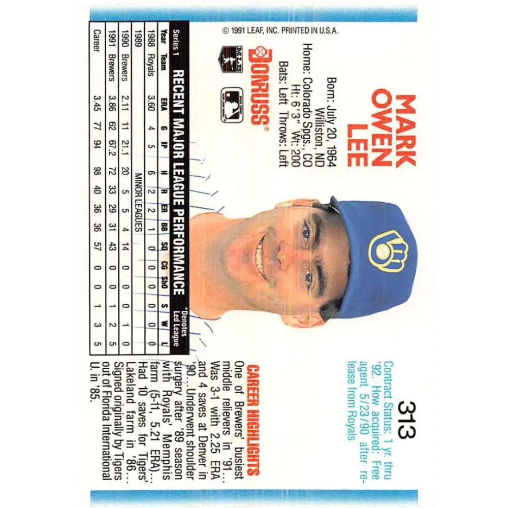 1992 Donruss #313 Mark Lee NM-MT Milwaukee Brewers Baseball Card Image 2