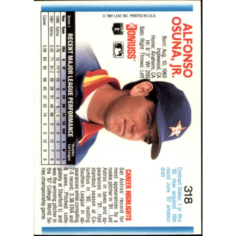 1992 Donruss #318 Al Osuna NM-MT Houston Astros Baseball Card Image 2