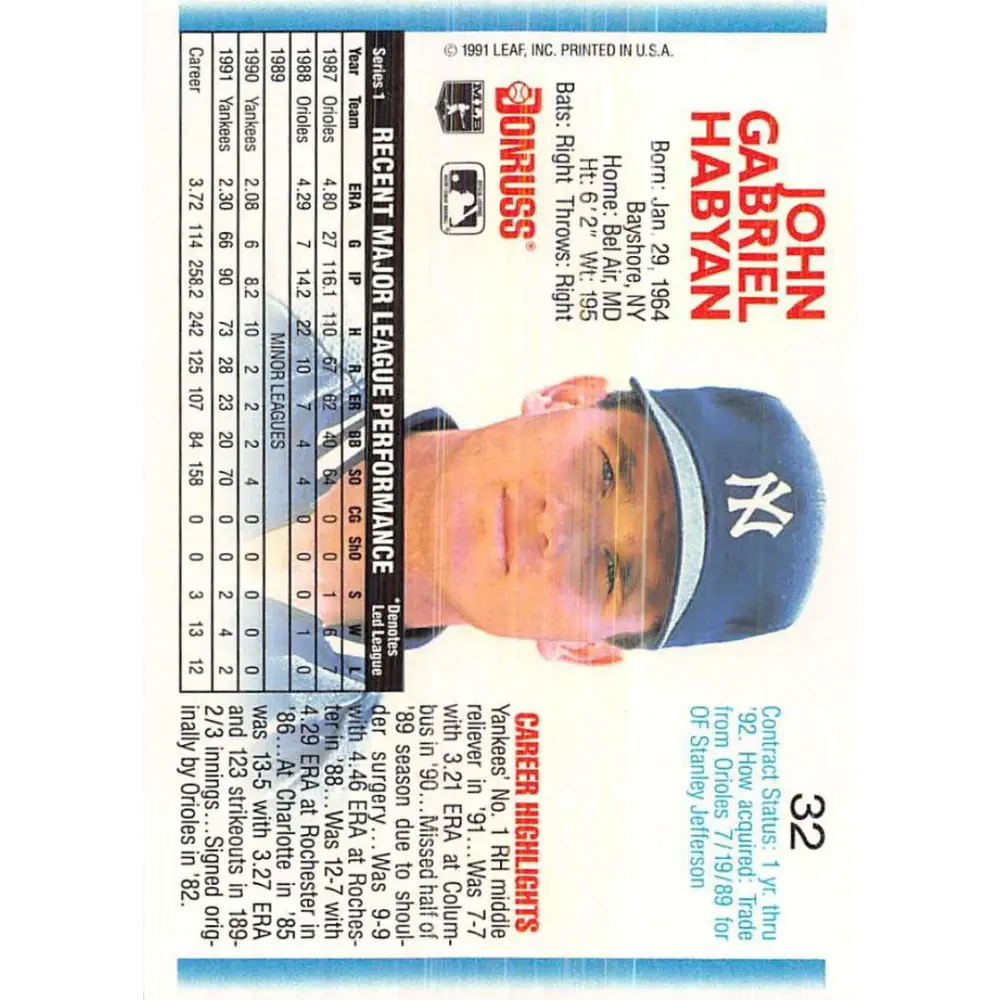 1992 Donruss #32 John Habyan NM-MT New York Yankees Baseball Card Image 2