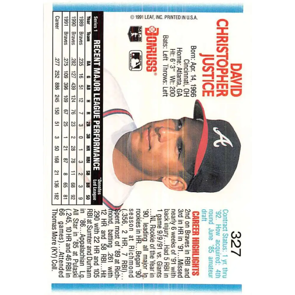 1992 Donruss #327 David Justice NM-MT Atlanta Braves Baseball Card Image 2