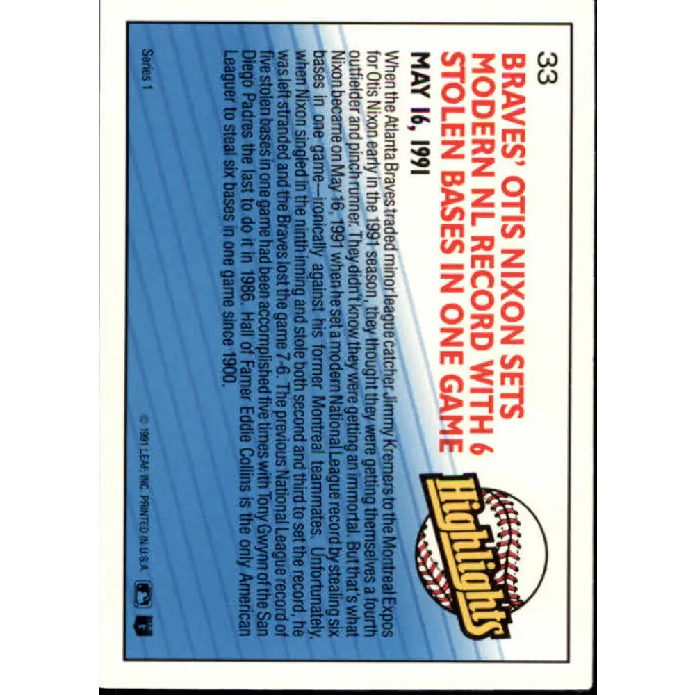 1992 Donruss #33 Otis Nixon HL NM-MT Atlanta Braves Baseball Card Image 2