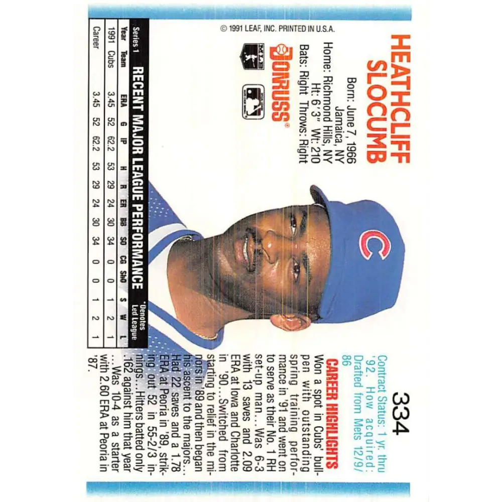 1992 Donruss #334 Heathcliff Slocumb NM-MT Chicago Cubs Baseball Card Image 2