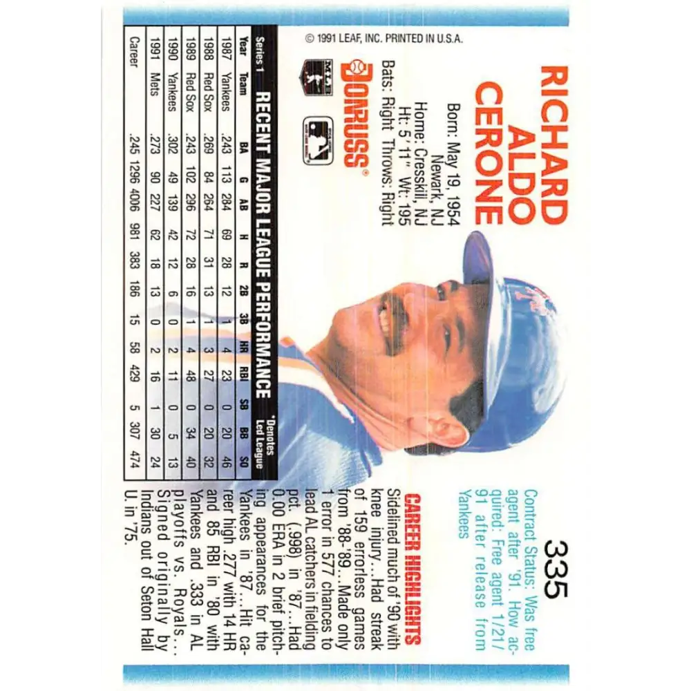 1992 Donruss #335 Rick Cerone NM-MT New York Mets Baseball Card Image 2