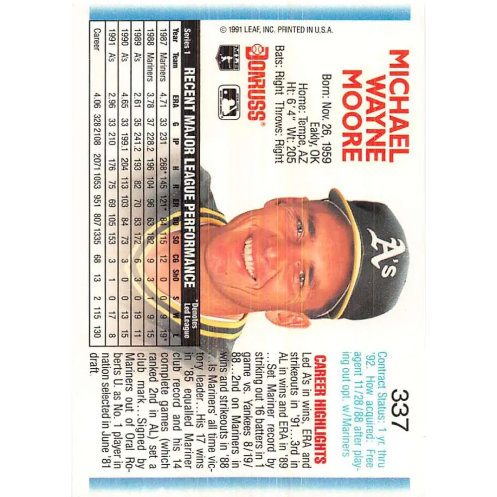 1992 Donruss #337 Mike Moore NM-MT Oakland Athletics Baseball Card Image 2