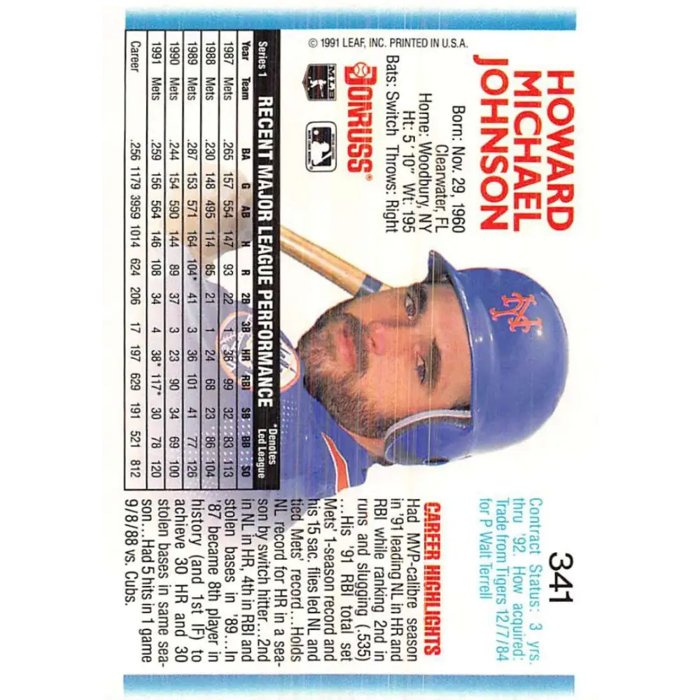 1992 Donruss #341 Howard Johnson NM-MT New York Mets Baseball Card Image 2