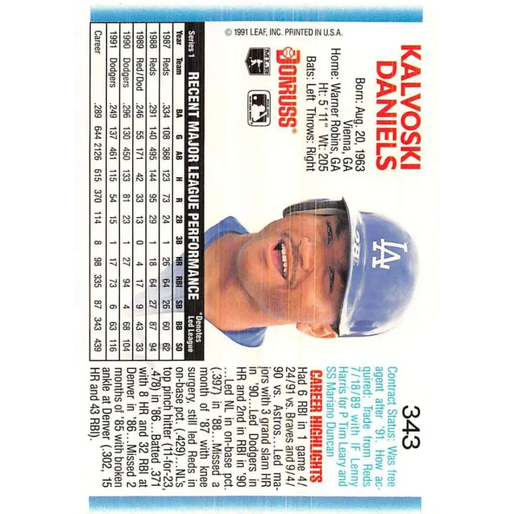 1992 Donruss #343 Kal Daniels NM-MT Los Angeles Dodgers Baseball Card Image 2