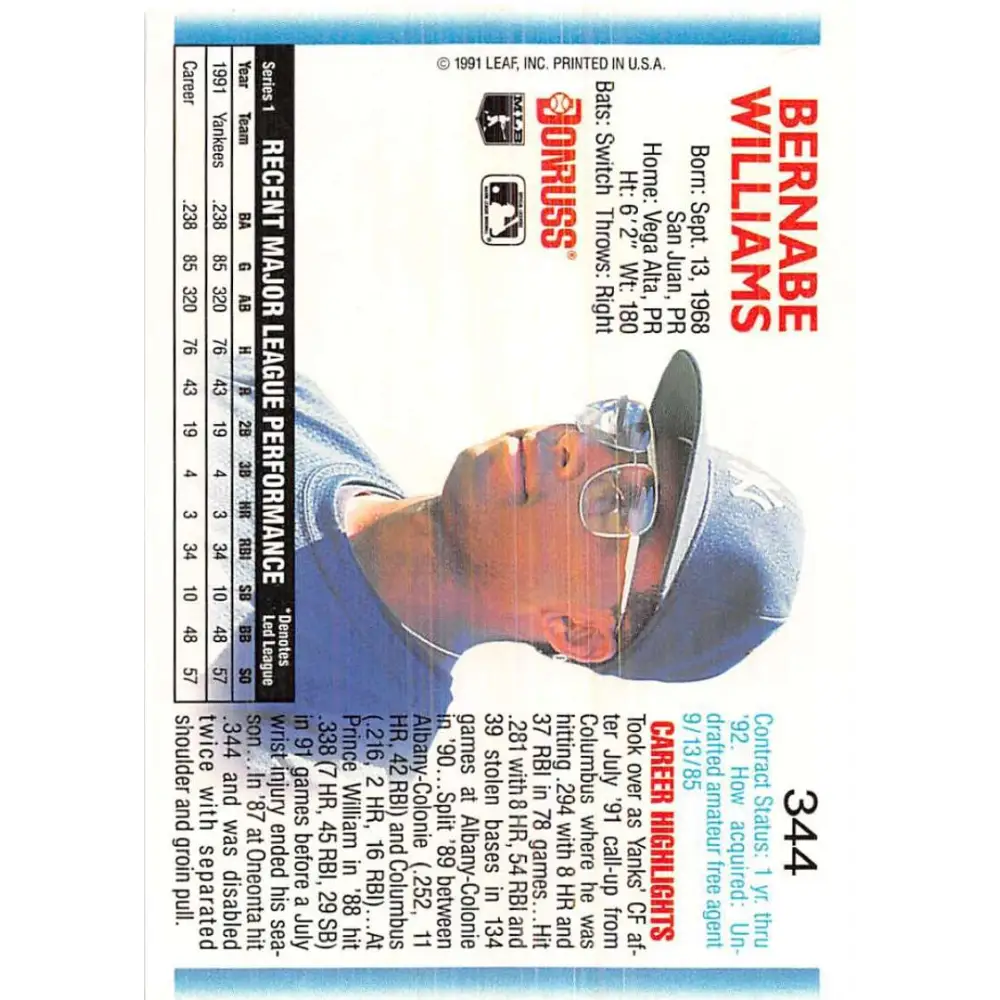 1992 Donruss #344 Bernie Williams NM-MT New York Yankees Baseball Card Image 2