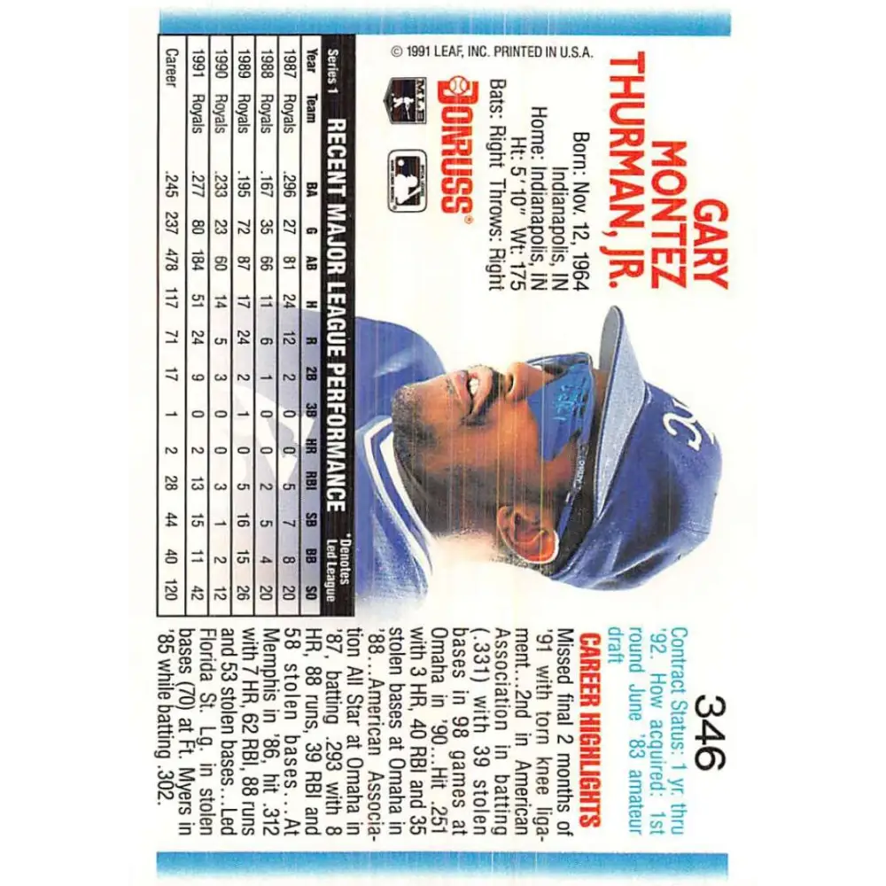 1992 Donruss #346 Gary Thurman NM-MT Kansas City Royals Baseball Card Image 2