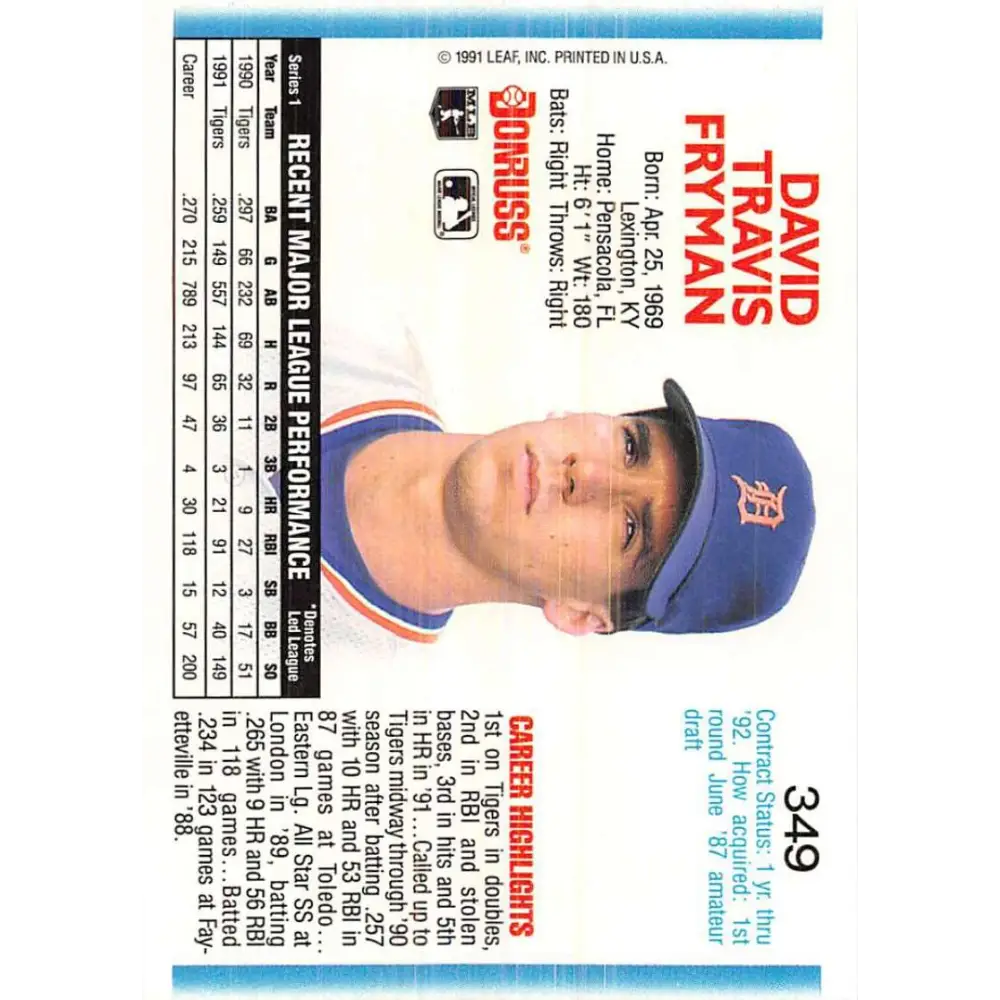 1992 Donruss #349 Travis Fryman NM-MT Detroit Tigers Baseball Card Image 2