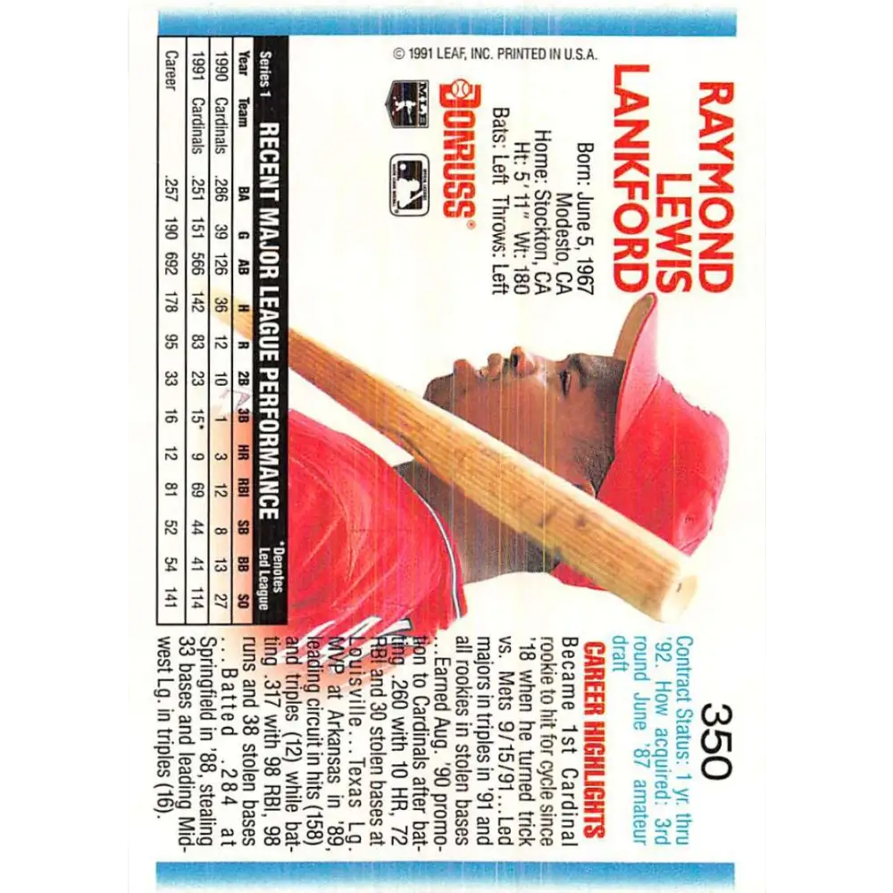 1992 Donruss #350 Ray Lankford NM-MT St. Louis Cardinals Baseball Card Image 2