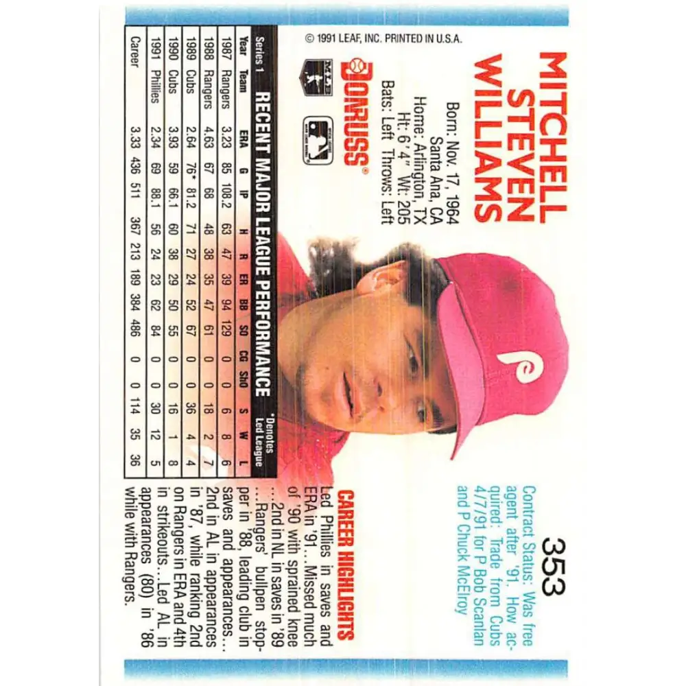 1992 Donruss #353 Mitch Williams NM-MT Philadelphia Phillies Baseball Card Image 2