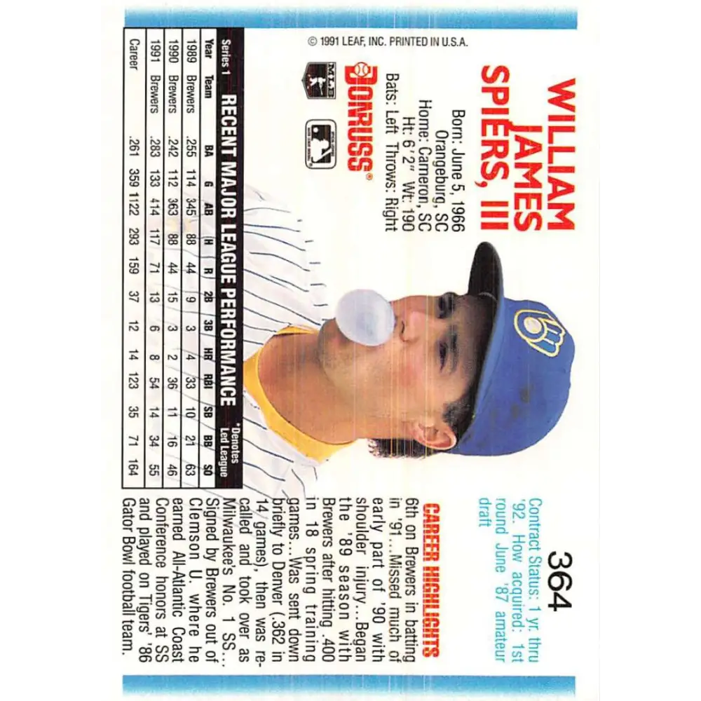1992 Donruss #364 Bill Spiers NM-MT Milwaukee Brewers Baseball Card Image 2