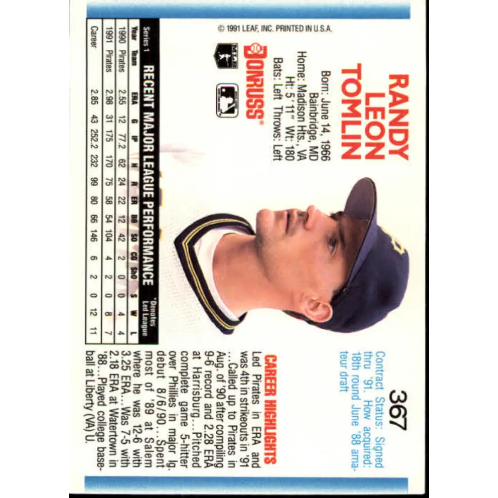 1992 Donruss #367 Randy Tomlin NM-MT Pittsburgh Pirates Baseball Card Image 2