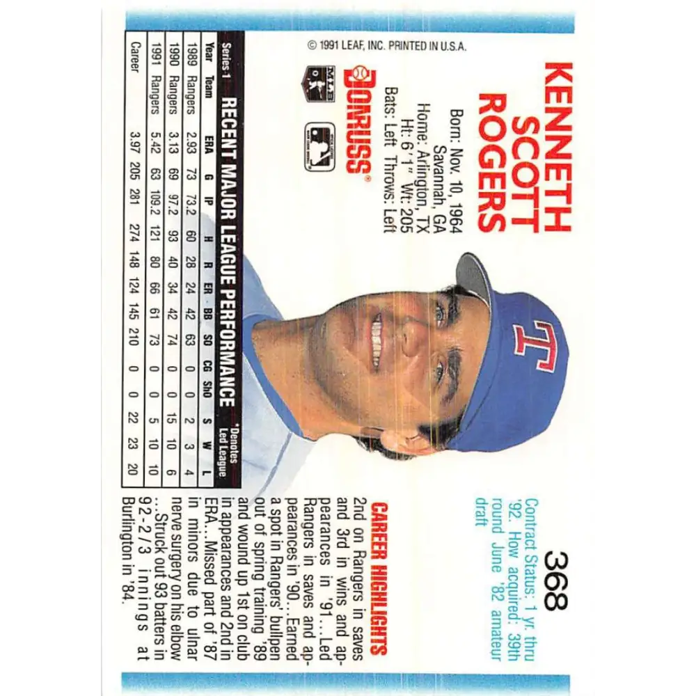 1992 Donruss #368 Kenny Rogers NM-MT Texas Rangers Baseball Card Image 2