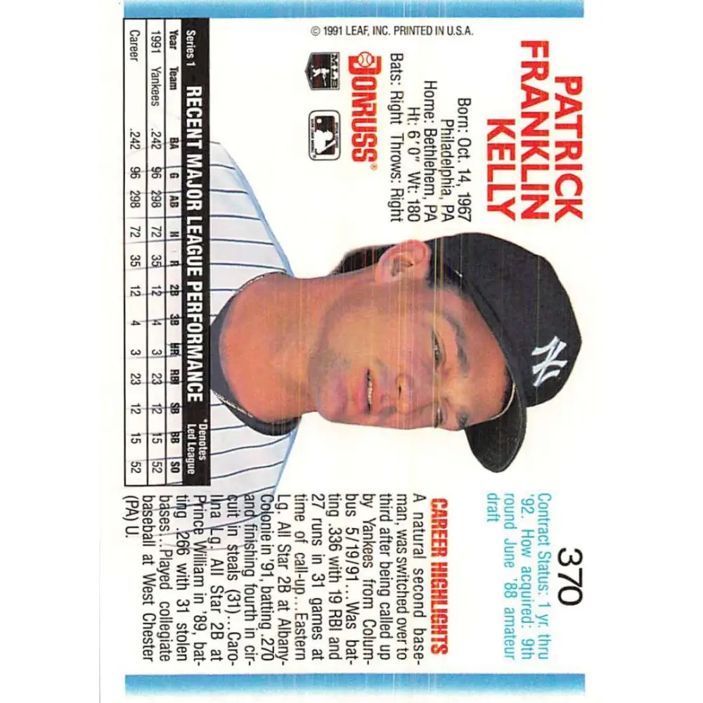 1992 Donruss #370 Pat Kelly NM-MT New York Yankees Baseball Card Image 2