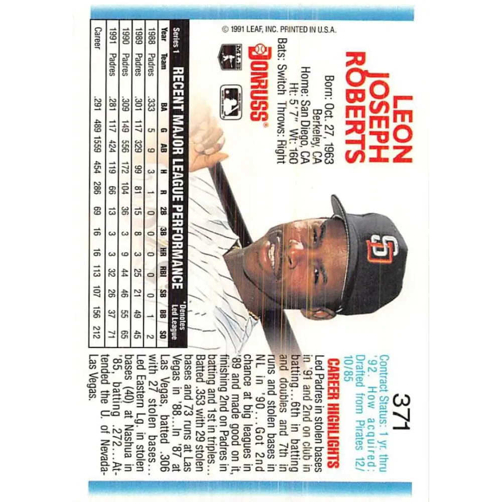 1992 Donruss #371 Bip Roberts NM-MT San Diego Padres Baseball Card Image 2