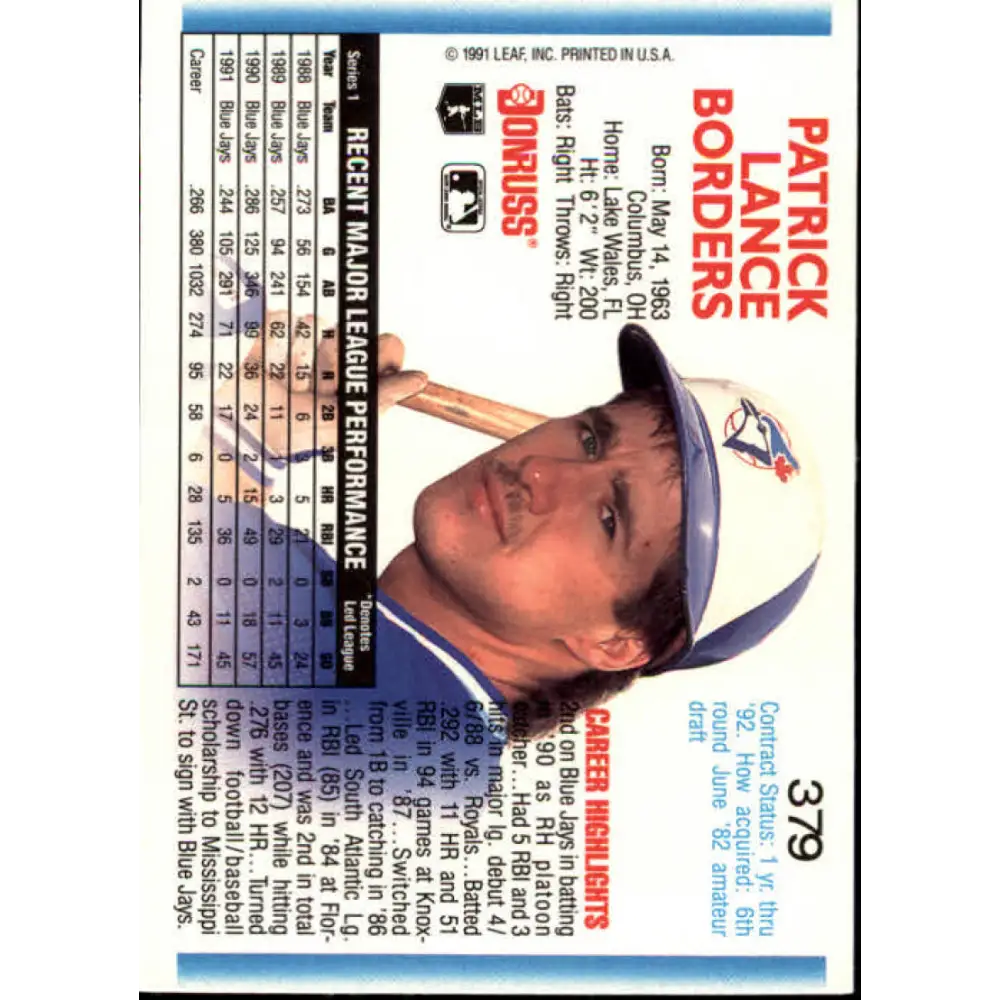 1992 Donruss #379 Pat Borders NM-MT Toronto Blue Jays Baseball Card Image 2