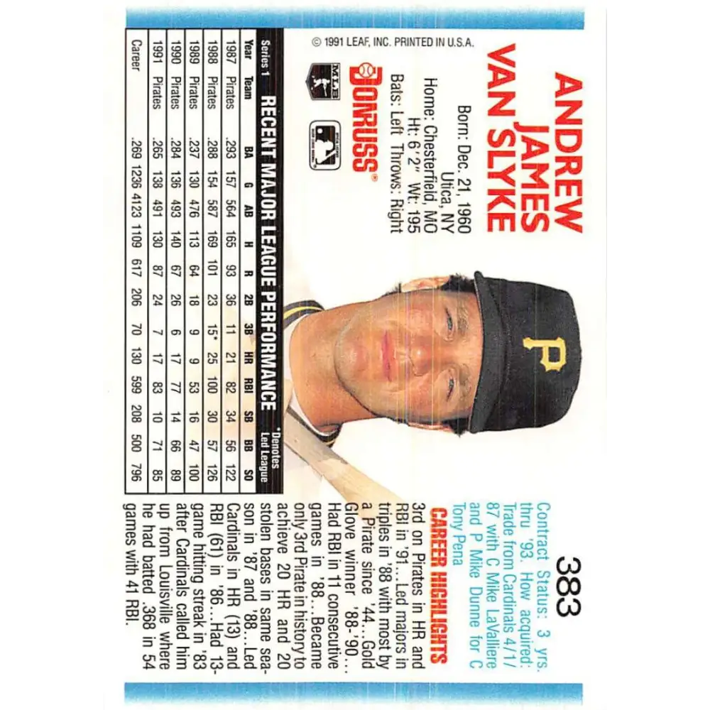 1992 Donruss #383 Andy Van Slyke NM-MT Pittsburgh Pirates Baseball Card Image 2