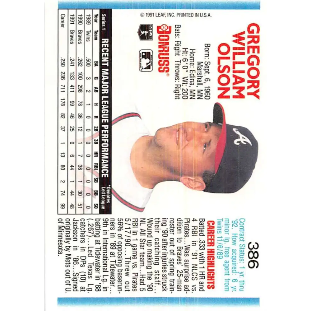 1992 Donruss #386 Greg Olson NM-MT Atlanta Braves Baseball Card Image 2