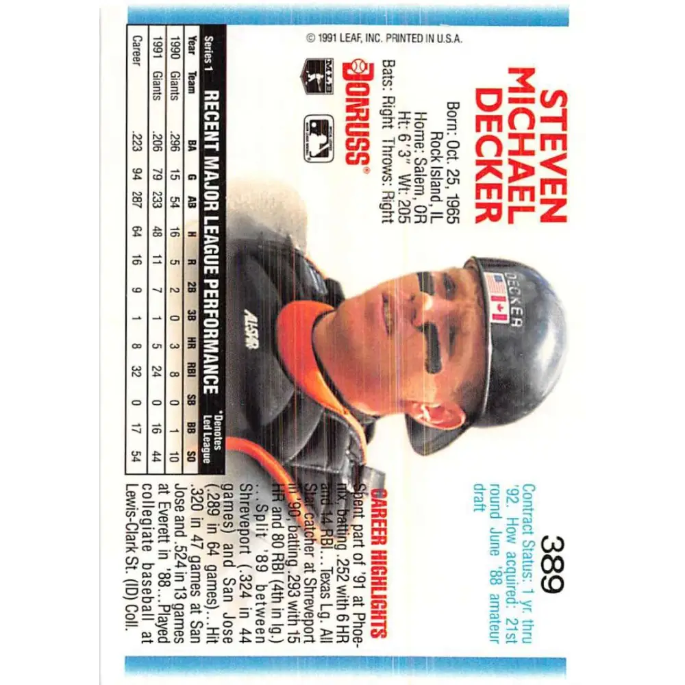 1992 Donruss #389 Steve Decker NM-MT San Francisco Giants Baseball Card Image 2