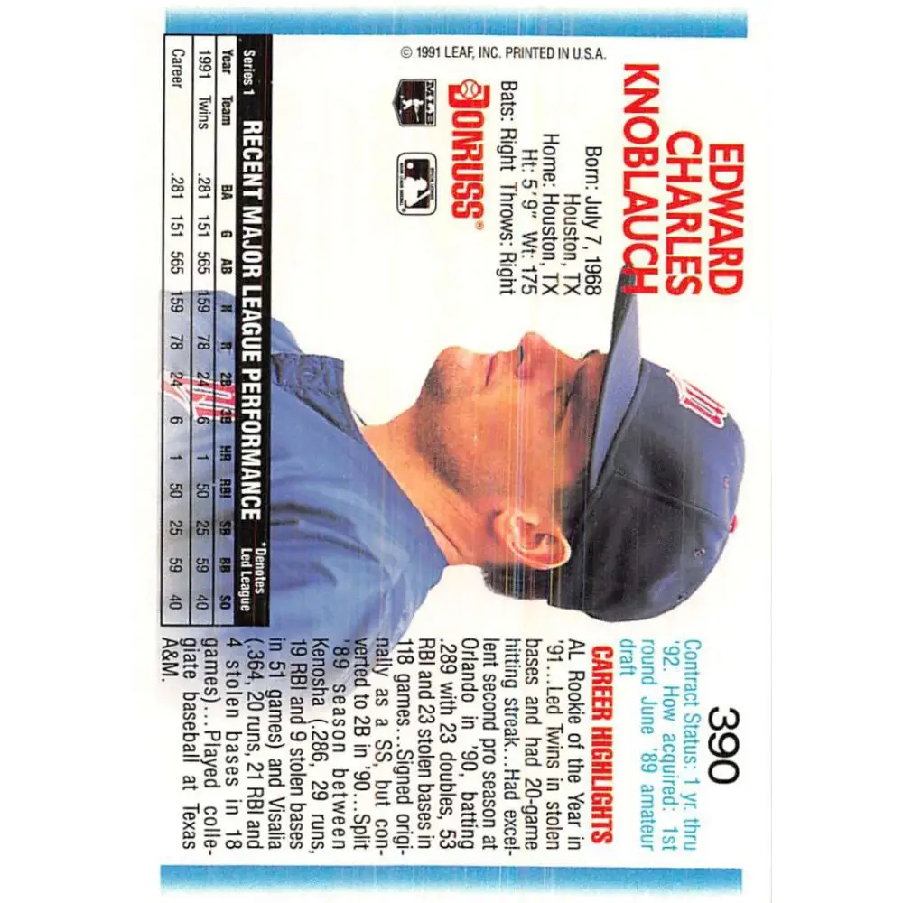 1992 Donruss #390 Chuck Knoblauch NM-MT Minnesota Twins Baseball Card Image 2